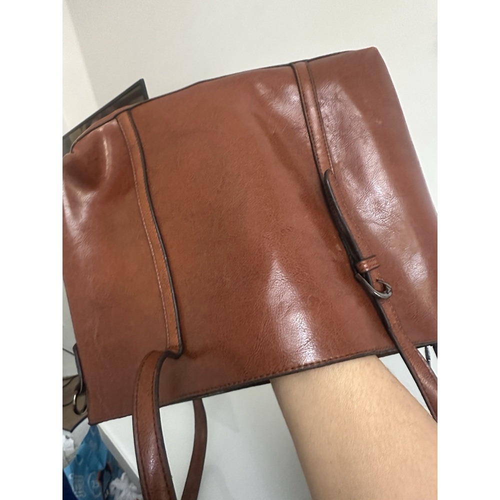 Large Brown Faux Leather Tote Bag Minimalist Shoulder Handbag Pre-Owne - Picture 12 of 16